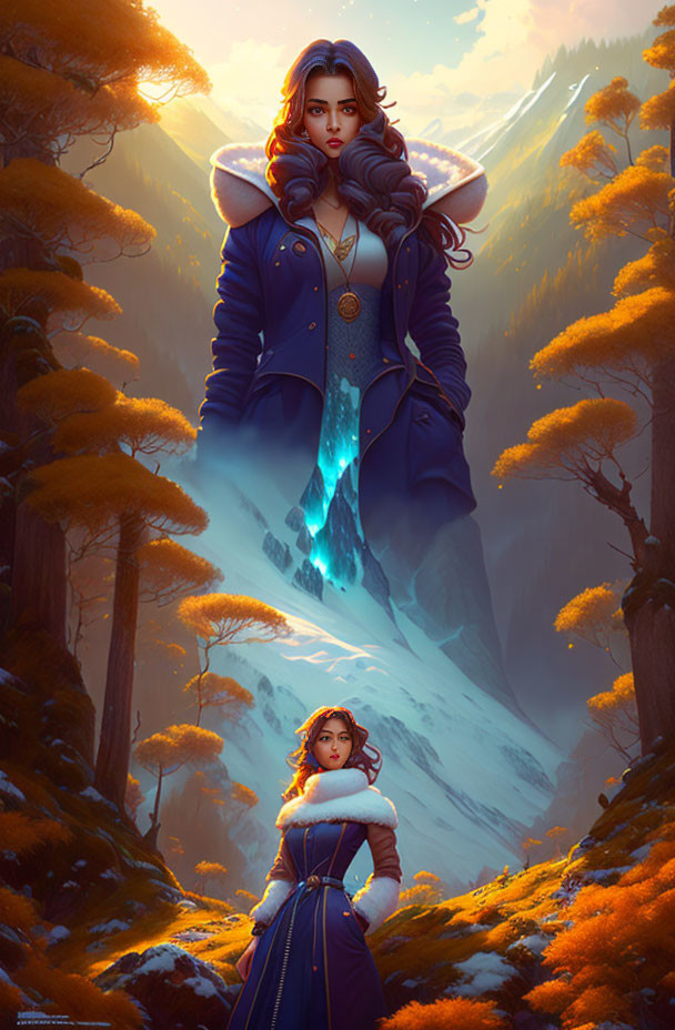 Fantasy digital art: Woman in blue and white cloak in autumn forest