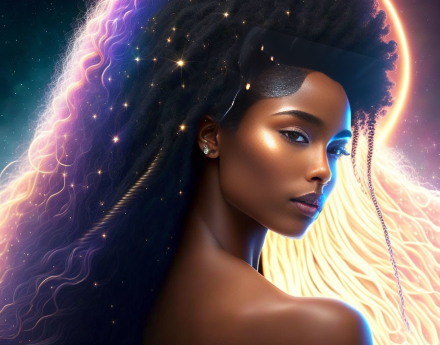 Vibrant cosmic-themed digital artwork of a woman merging with starry sky