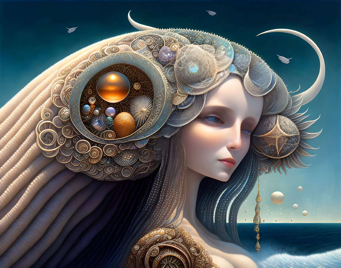 Surreal portrait of woman with cosmic headgear in seascape