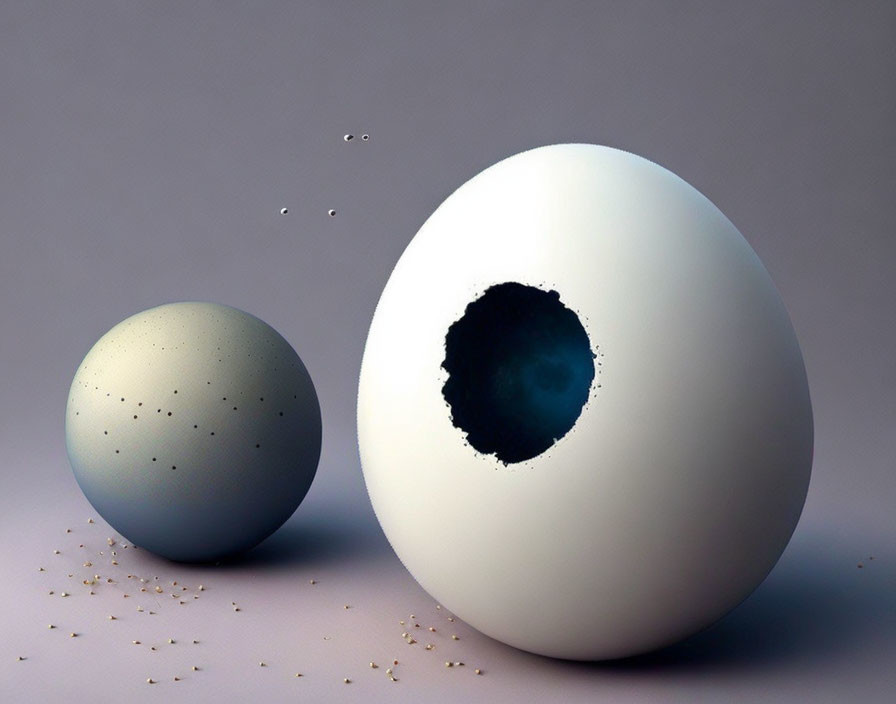 Two eggs of varying sizes on neutral background with cracked shell pieces