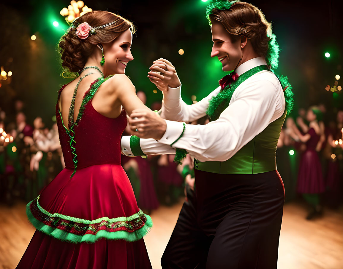 Elegant couple dancing in festive attire at lively party