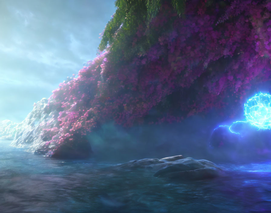 Vibrant pink foliage and glowing blue orbs in mystical waterscape