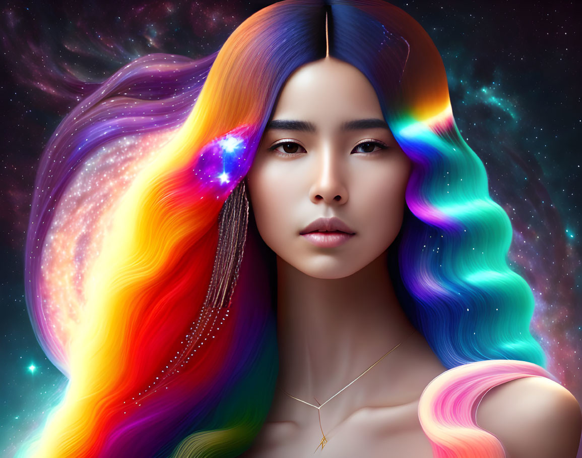 Vibrant galaxy hair digital artwork on starry background