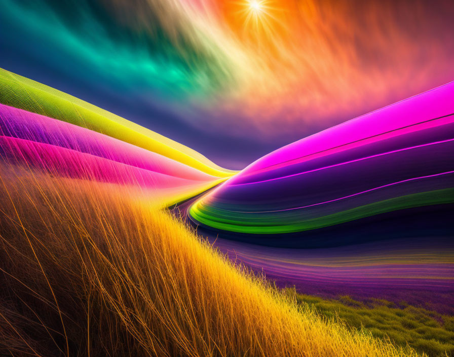 Colorful digital landscape with flowing hills under a vibrant, enhanced sky.