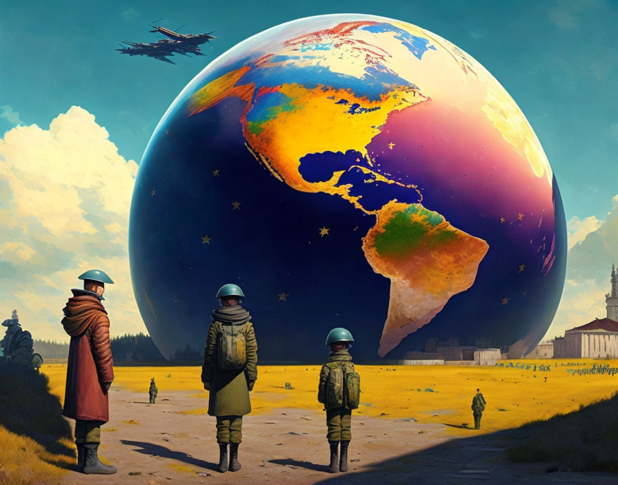 Uniformed individuals observe giant surreal Earth with futuristic aircraft in the background