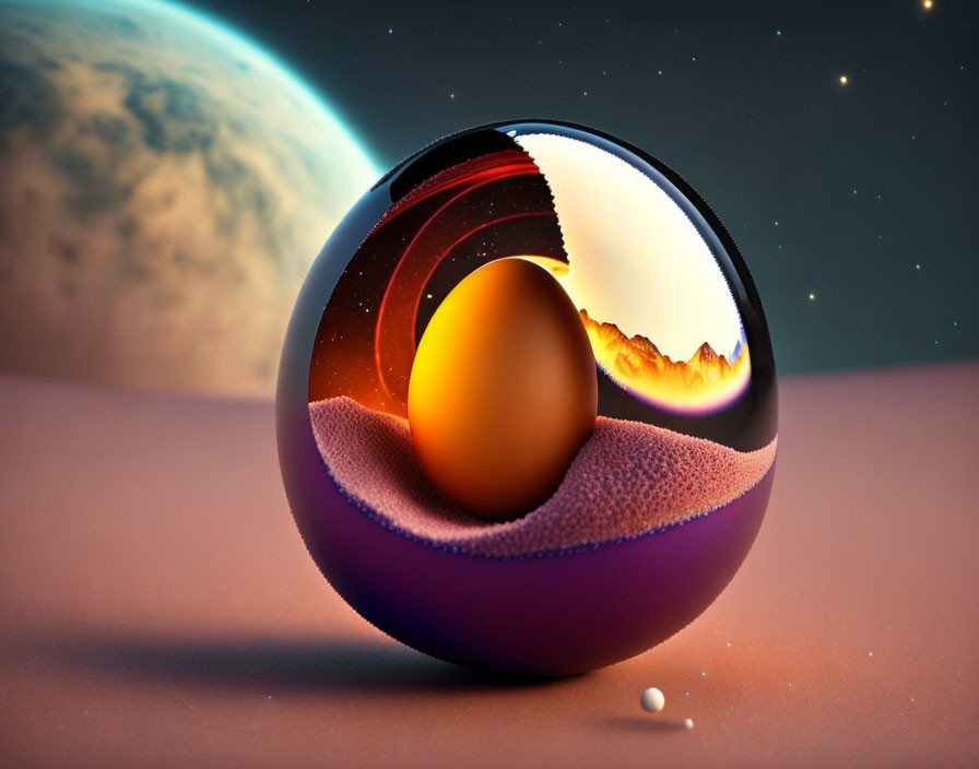 Layered Sphere with Textured Surface Against Space Backdrop