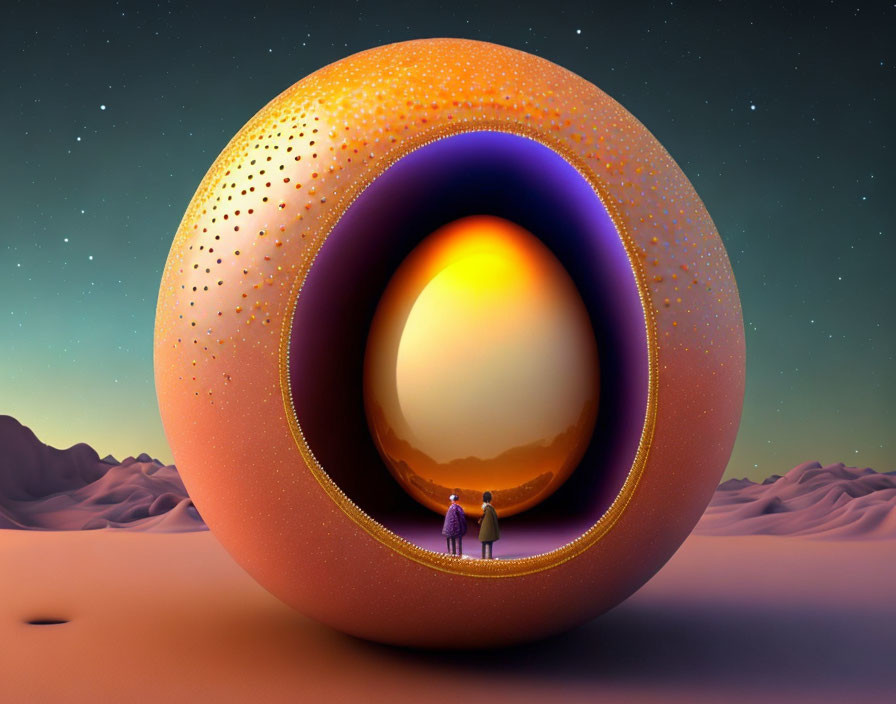 Two individuals by glowing spherical object in desert twilight