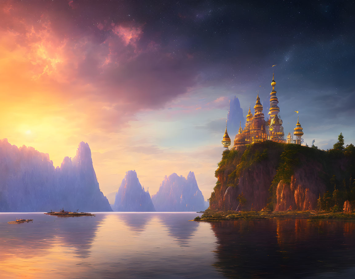 Majestic castle on cliff in fantasy sunset landscape
