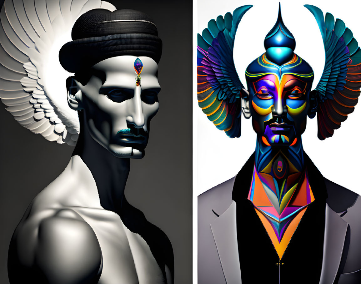 Stylized digital portraits of artistic male figures with face paint and ornate headpieces