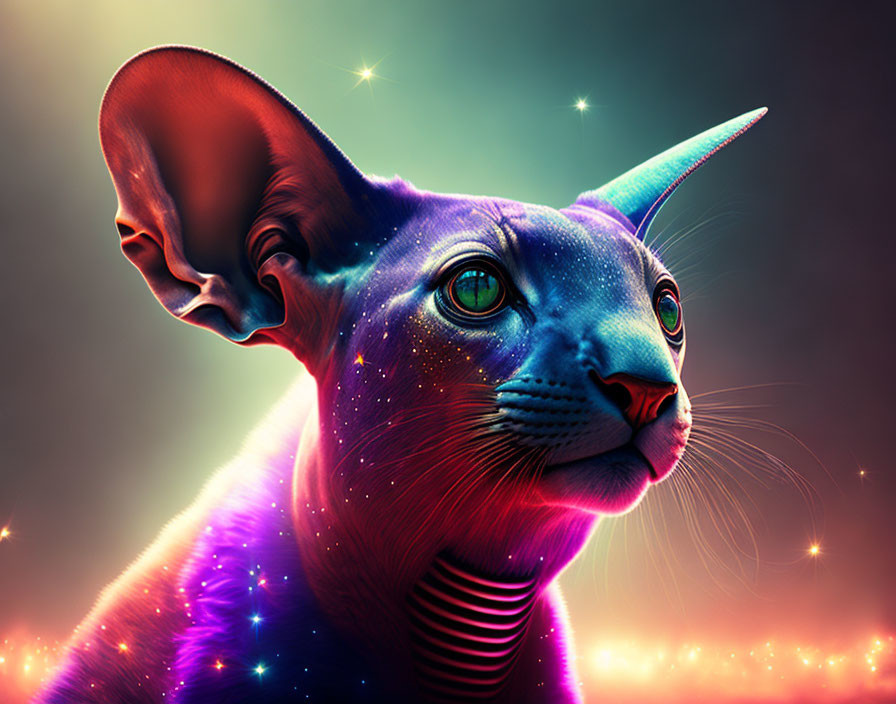 Colorful digital art: Cat-headed mythical creature with unicorn horn and nebula skin