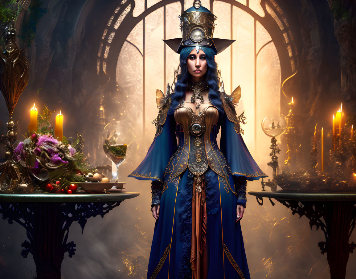 Fantasy armor-clad female figure in candlelit room exudes power