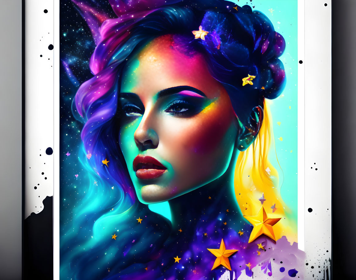 Colorful digital portrait of woman with galaxy-themed makeup and cosmic hair colors