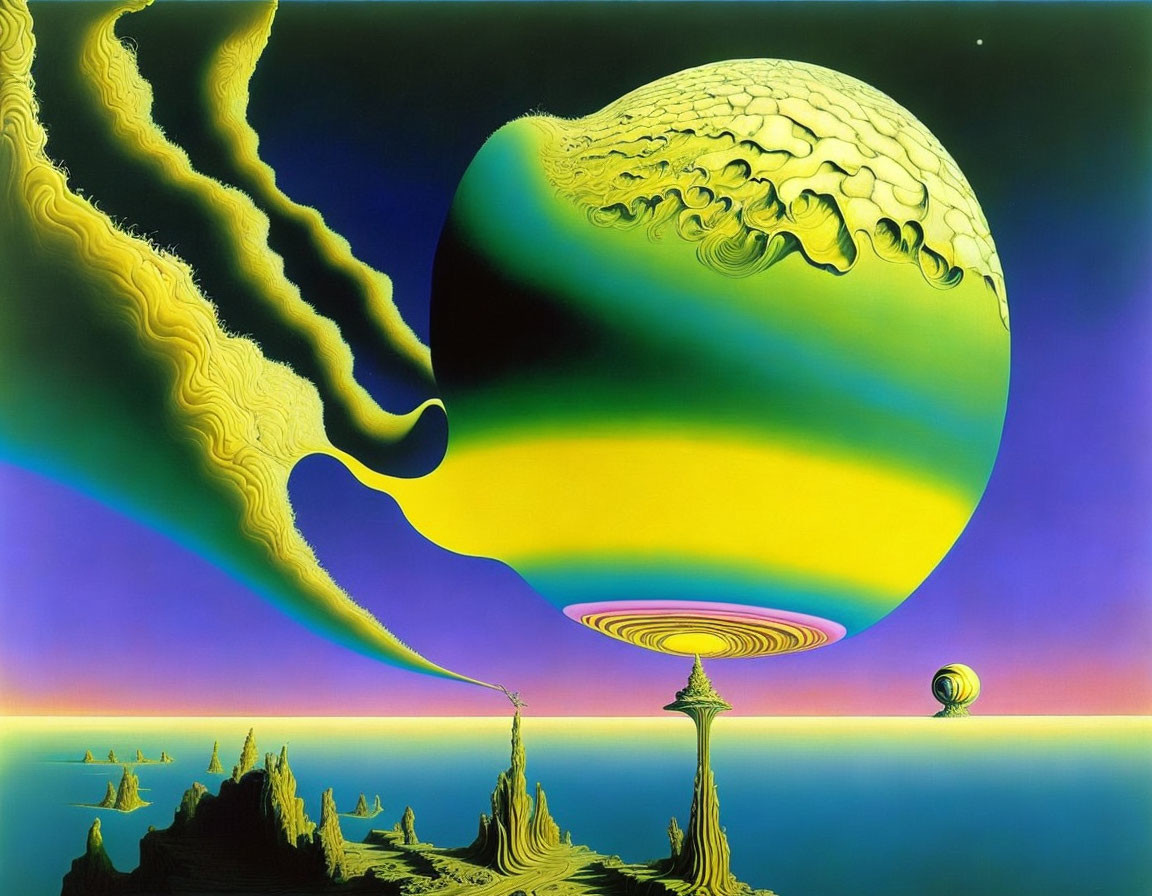 Surrealist landscape with swirling patterns and yellow planet tower in rocky terrain