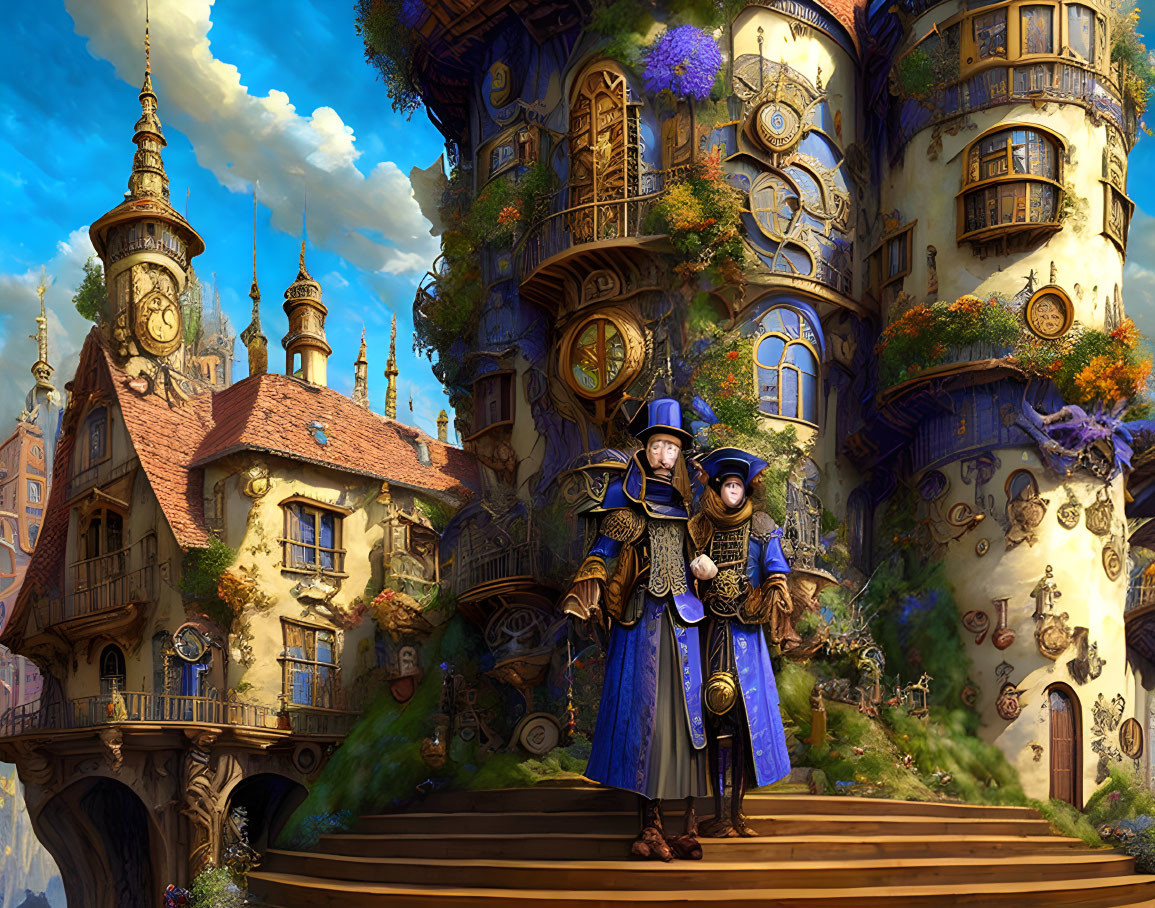 Wizard and apprentice in front of magical, ornate cottage in lush setting