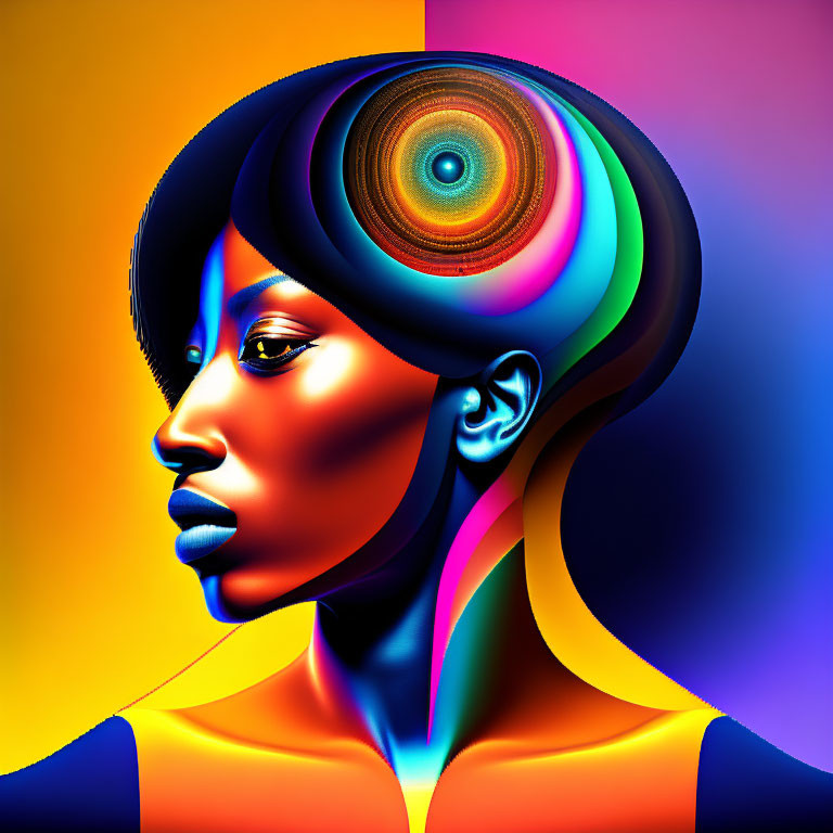 Colorful digital portrait of a woman with patterned skin on multicolored background