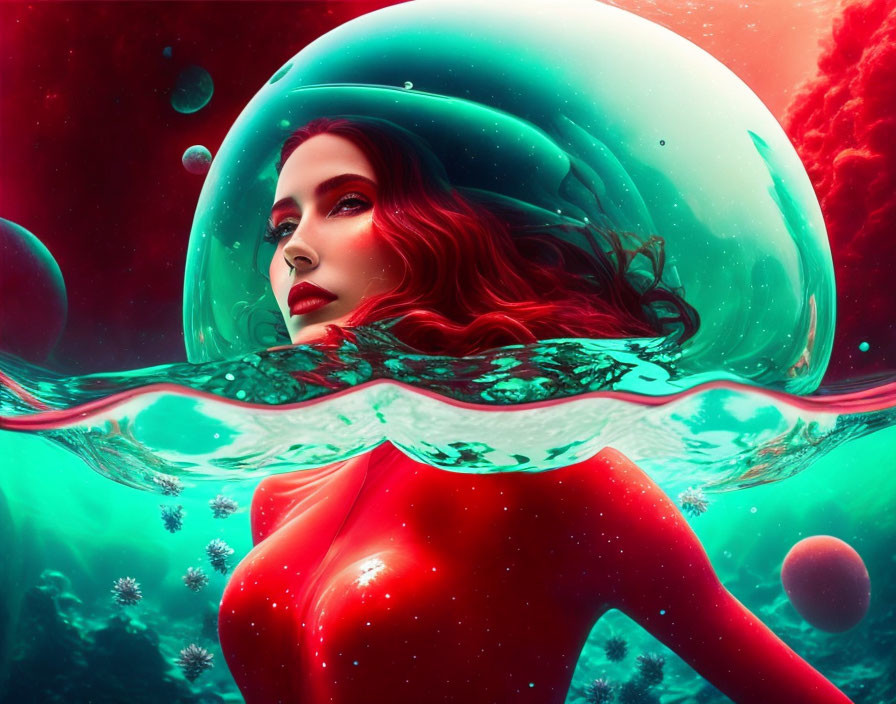 Surreal Art: Woman Submerged in Water with Bubble Head