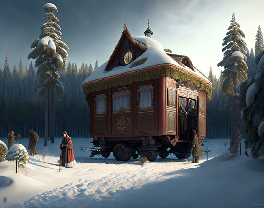 Person in Red Cloak by Ornate Wooden Caravan in Snowy Forest