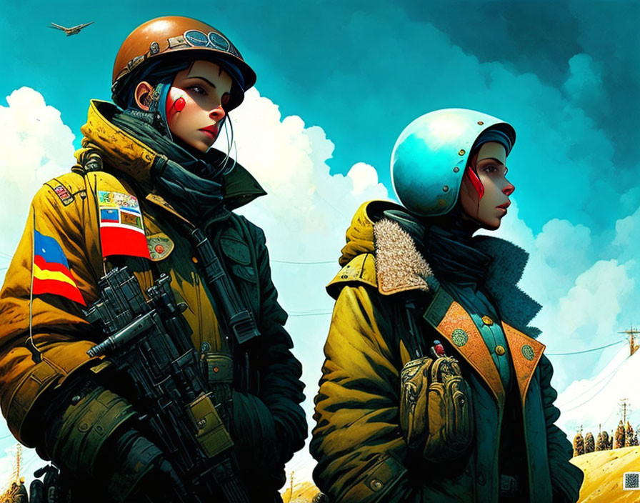 Stylized female aviators in helmets and jackets with patches, sky, plane, snowy mountains.