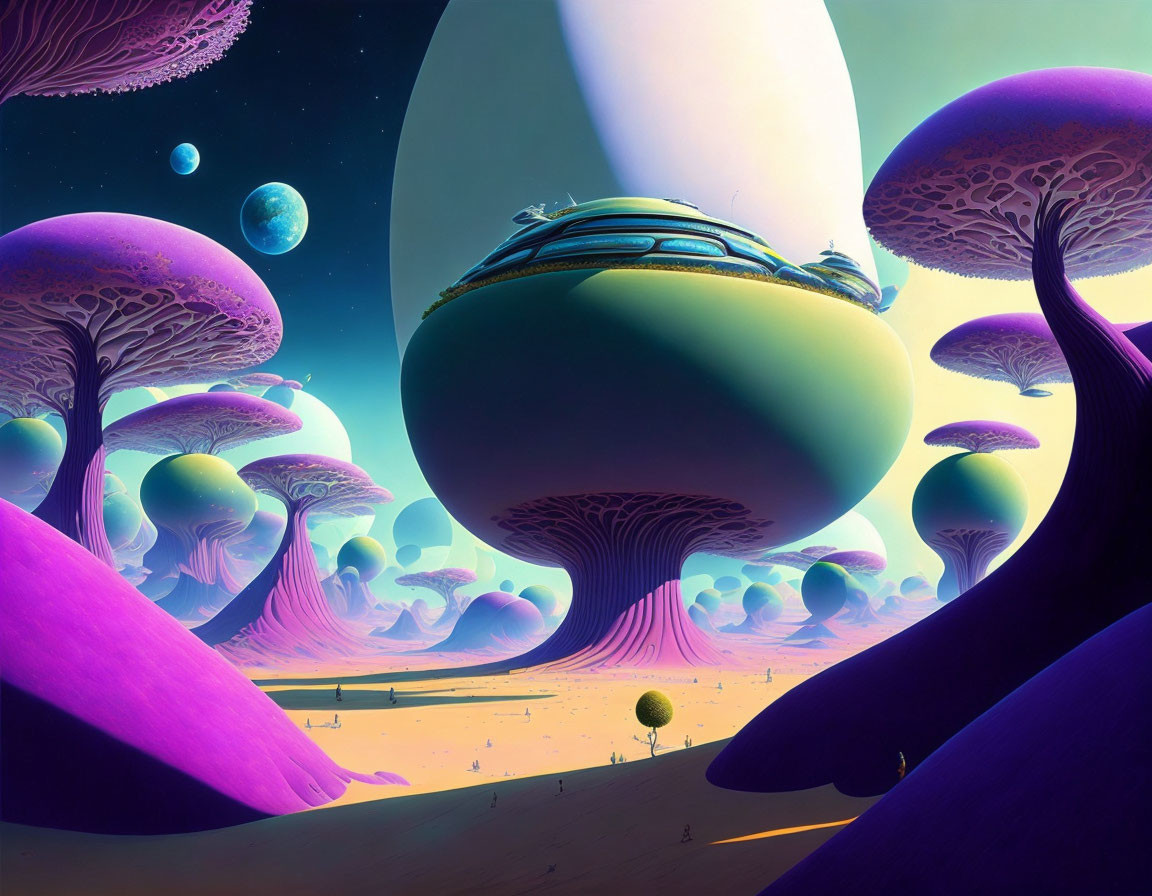 Alien landscape with giant mushrooms, floating orbs, surreal sky, and ringed planet