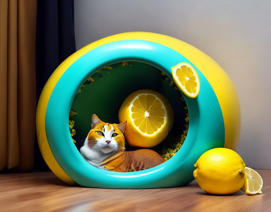 Cat in Lemon-Themed Bed with Cushions and Real Lemons