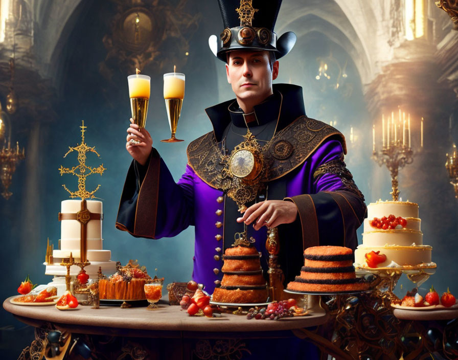Man in Purple Coat and Top Hat at Lavish Table with Cakes and Champagne in Opulent Room
