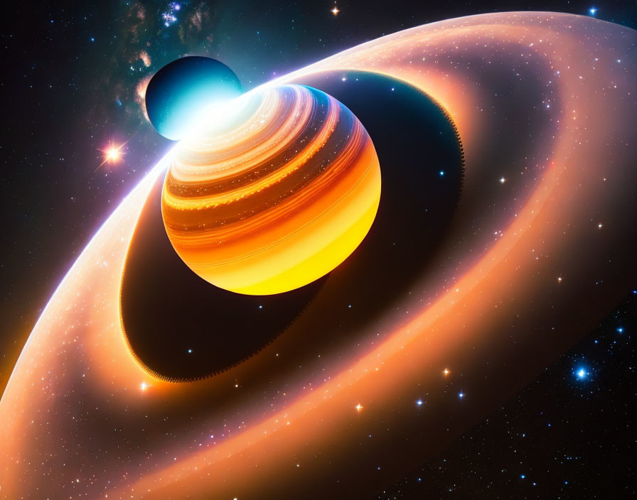 Colorful Ringed Planet Eclipse in Starry Space Backdrop