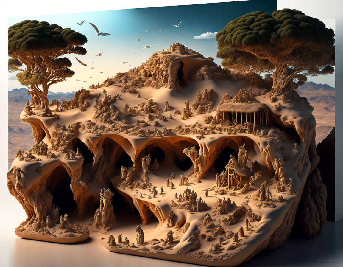 Surreal desert landscape with caverns, arches, trees, sand dunes, and flying