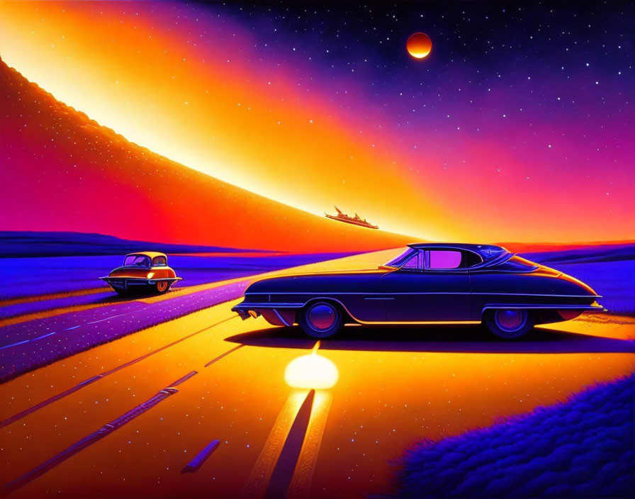Vintage cars and flying saucer in desert twilight scene