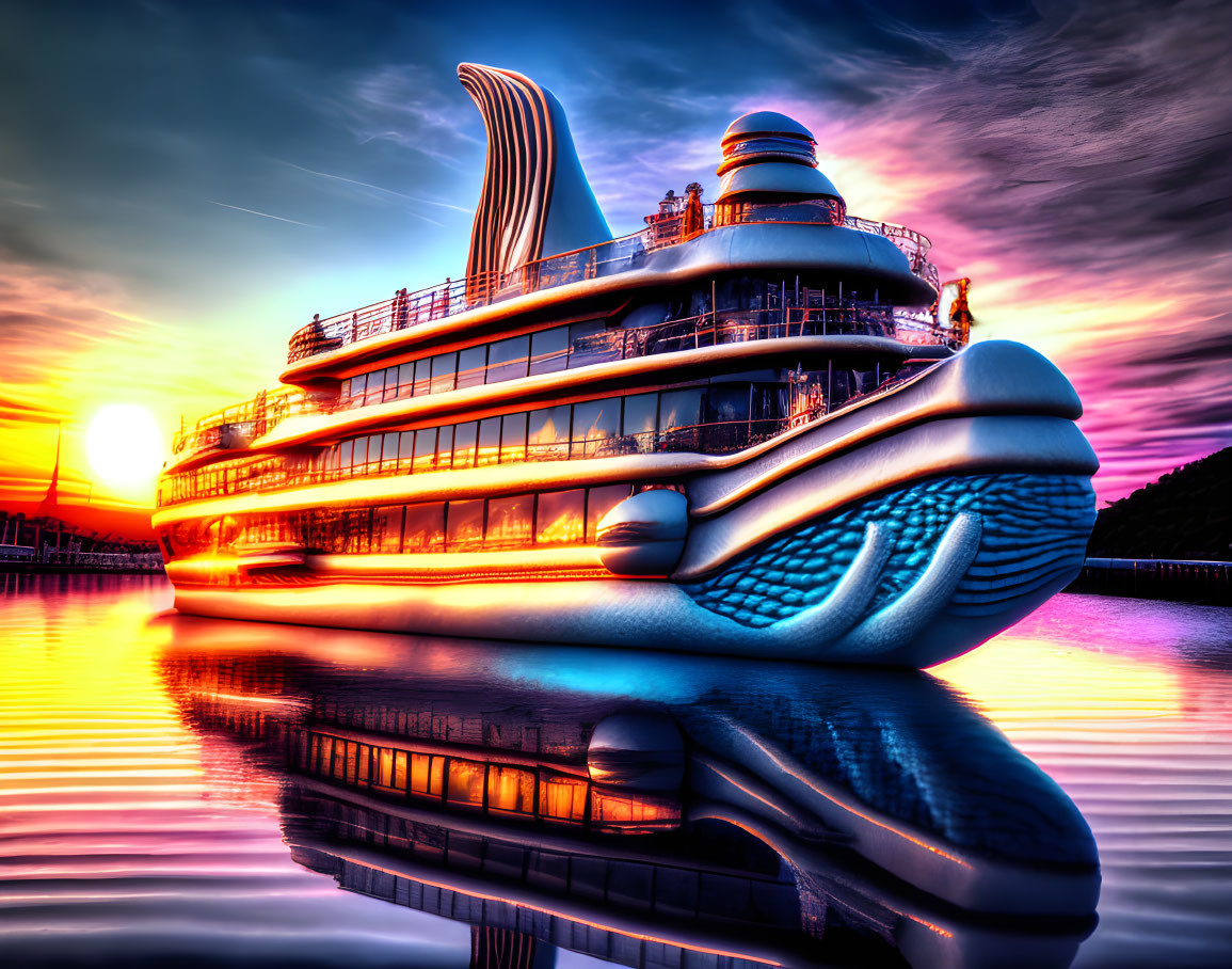 Futuristic ship on water at sunset with surreal design
