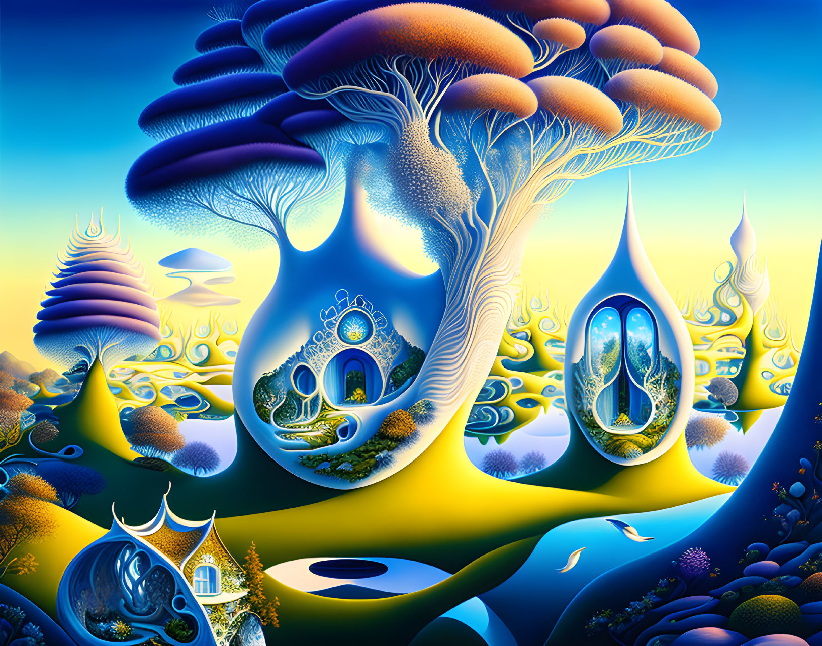 Colorful surreal landscape with whimsical trees and bubble-like dwellings