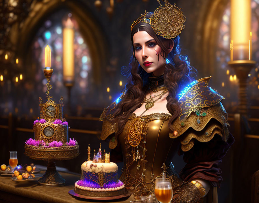 Regal woman in golden costume with lavish cakes in candlelit hall