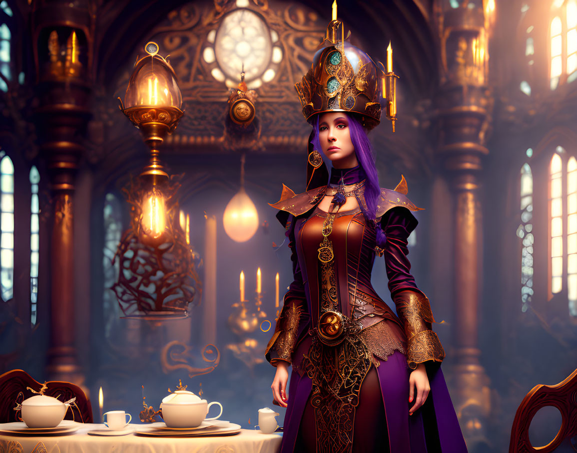 Regal woman with purple hair in golden crown and royal attire in ornate room.