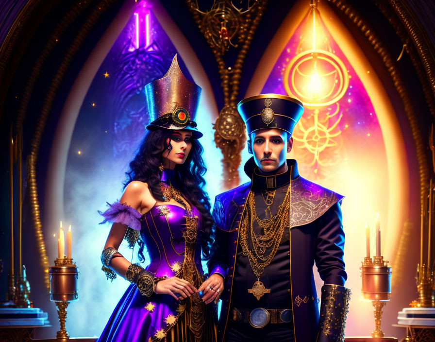 Man and woman in fantastical circus attire in gothic, candlelit room with mystical symbols.