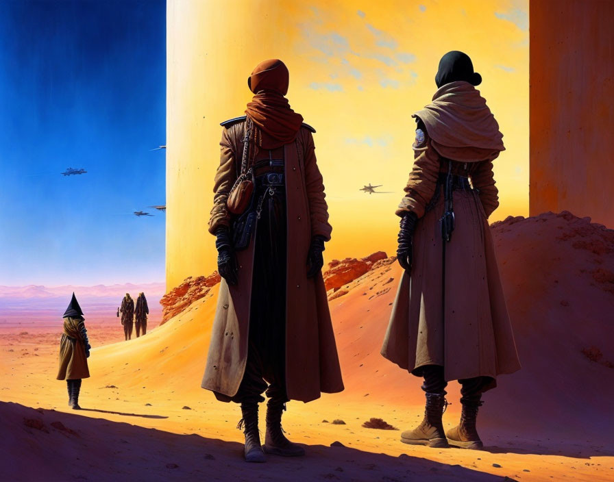 Cloaked figures in desert landscape watch distant light column and aircraft formation