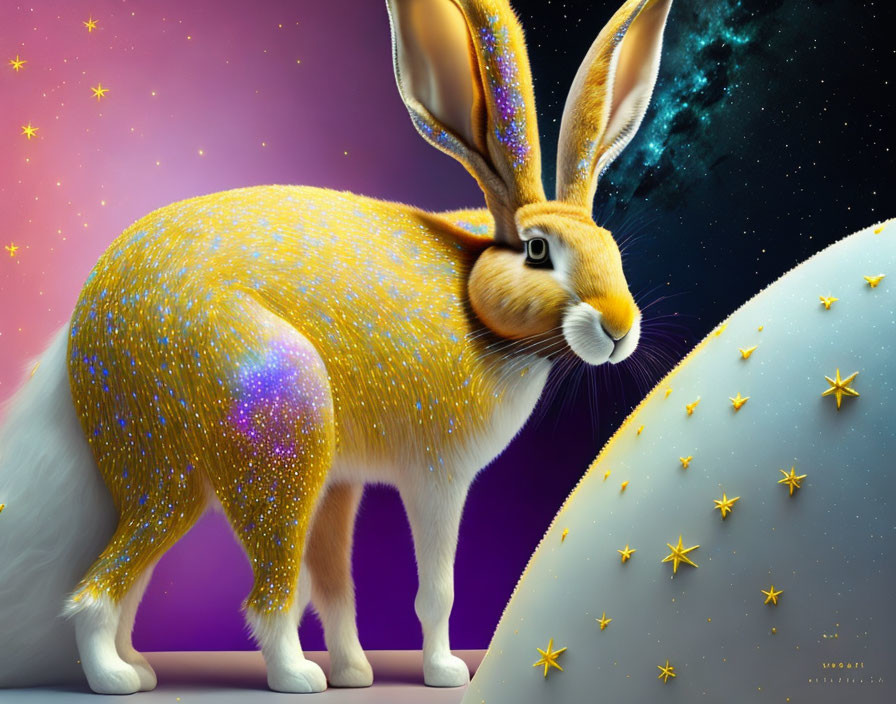 Golden starry rabbit on crescent moon in cosmic space