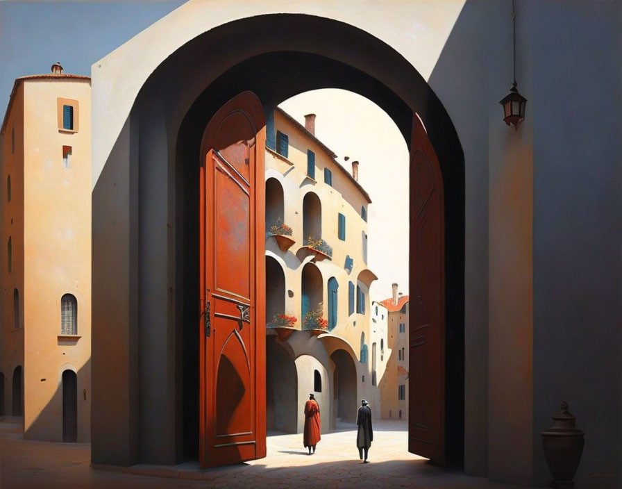 Artwork: Two people walking through archway into sunlit Mediterranean courtyard