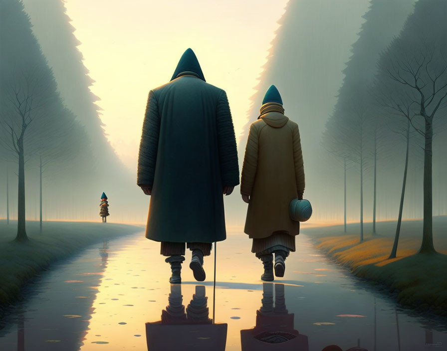 Two Figures Walking on Reflective Path with Misty Trees