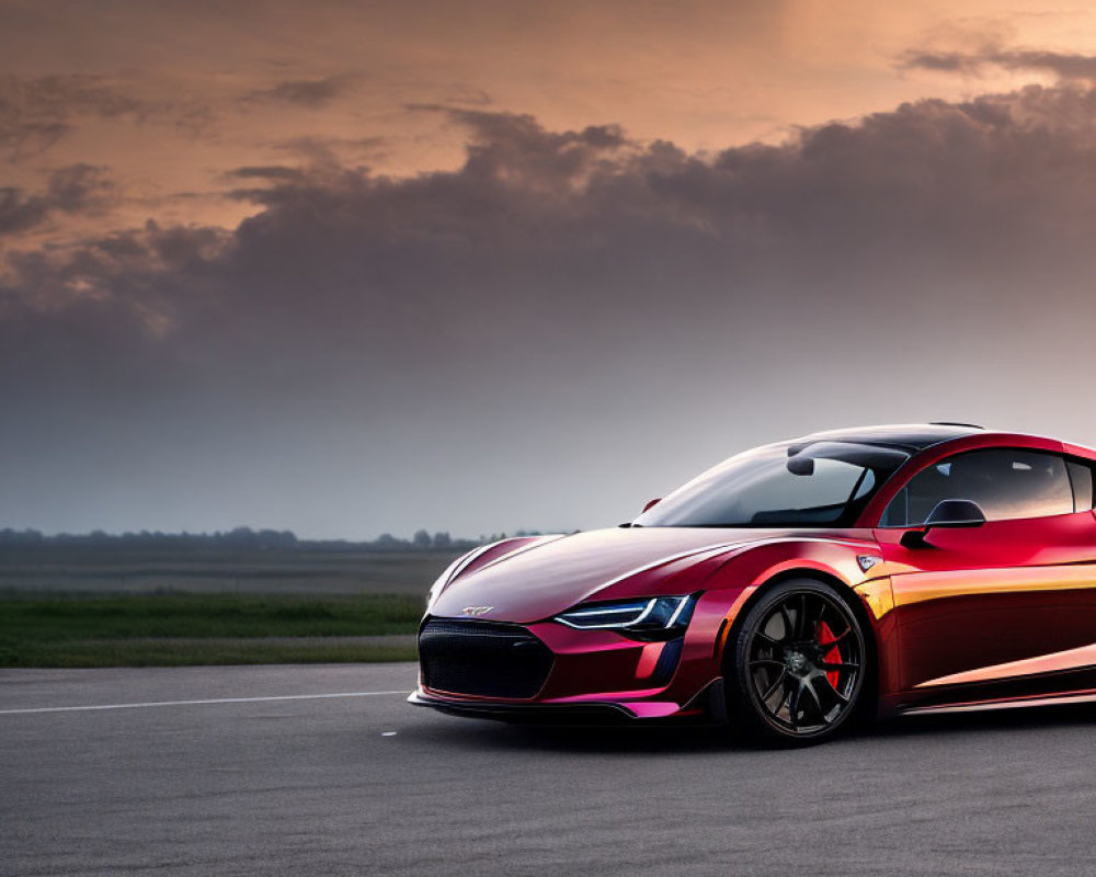 Red and Black Sports Car on Empty Runway at Sunset