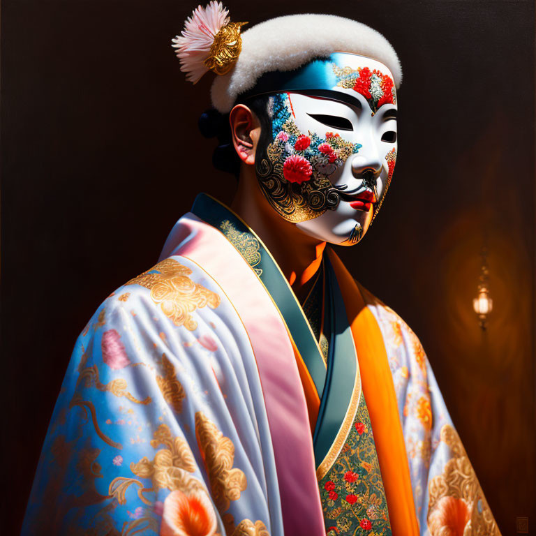 Traditional Japanese attire with floral pattern and elaborate white mask
