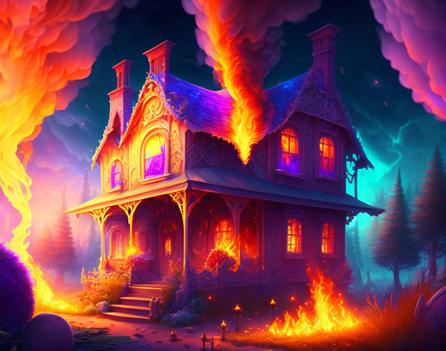 Victorian house in mystical flames under twilight sky