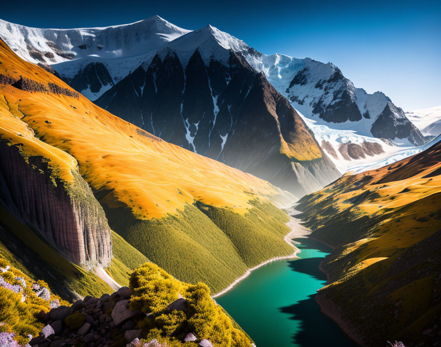 Scenic view of lush valleys, turquoise lake, and snow-capped mountains