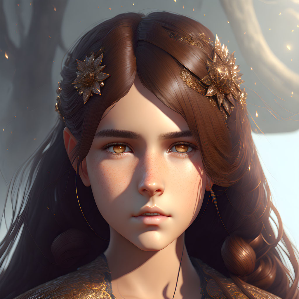 Brown-haired girl with gold flower accessories in digital portrait