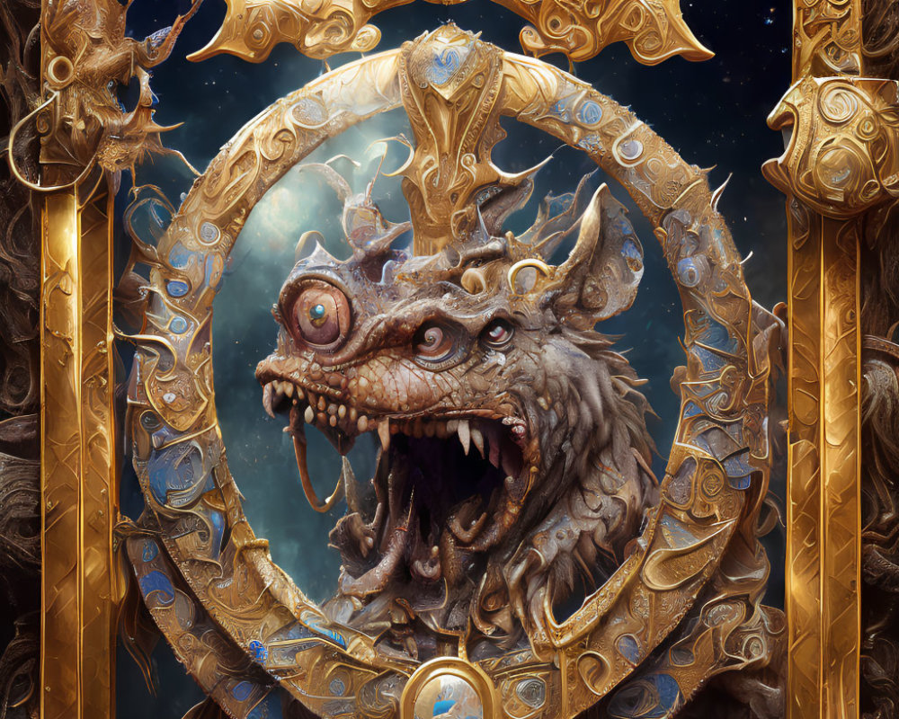 Fantastical creature with single eye and menacing teeth in ornate golden mirror