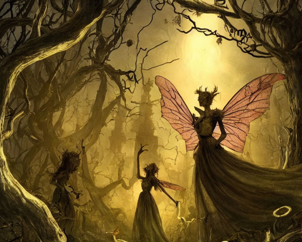 Enchanting forest with fairy-like creatures and mystical ambiance