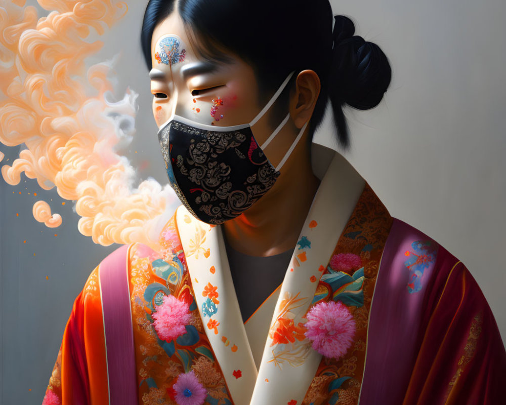 Colorful Kimono-Wearing Woman with Decorative Mask Exhaling Smoke