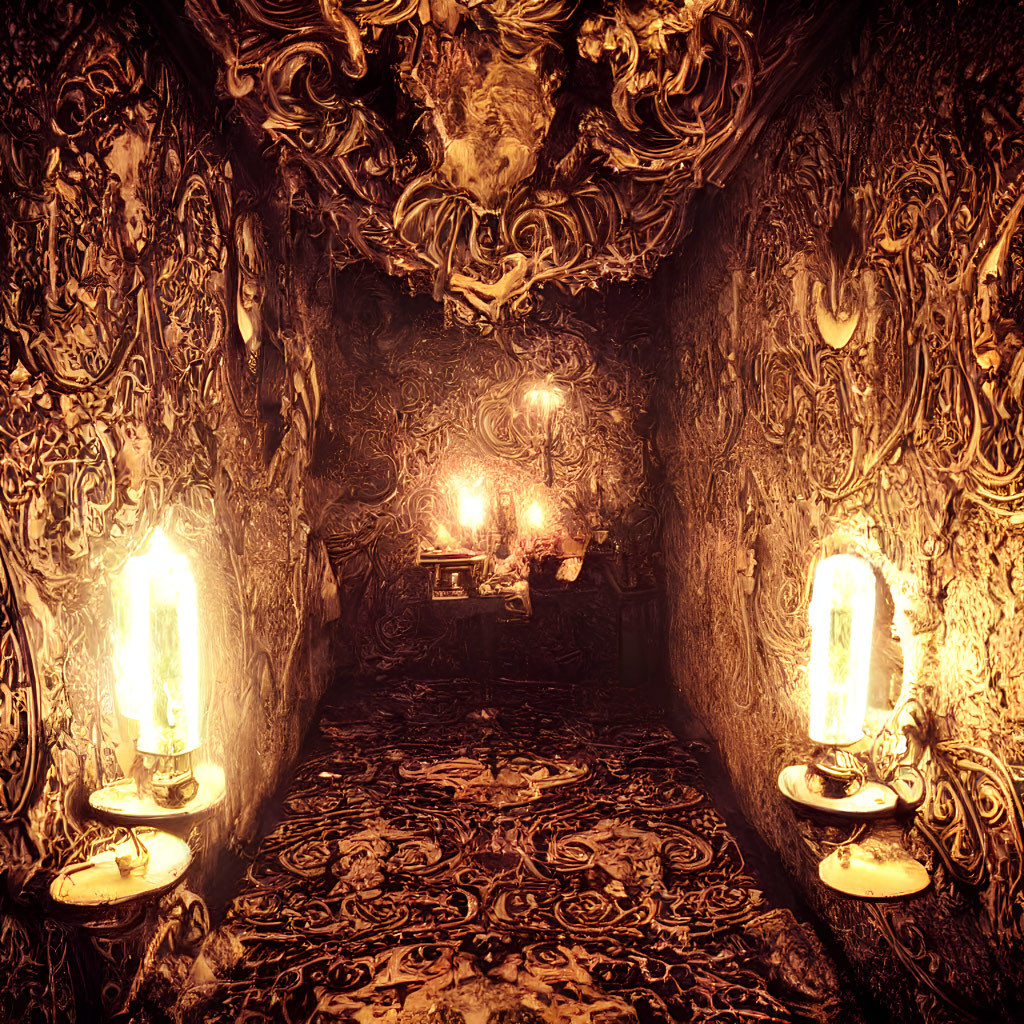 Baroque-style corridor with intricate designs and candle sconces