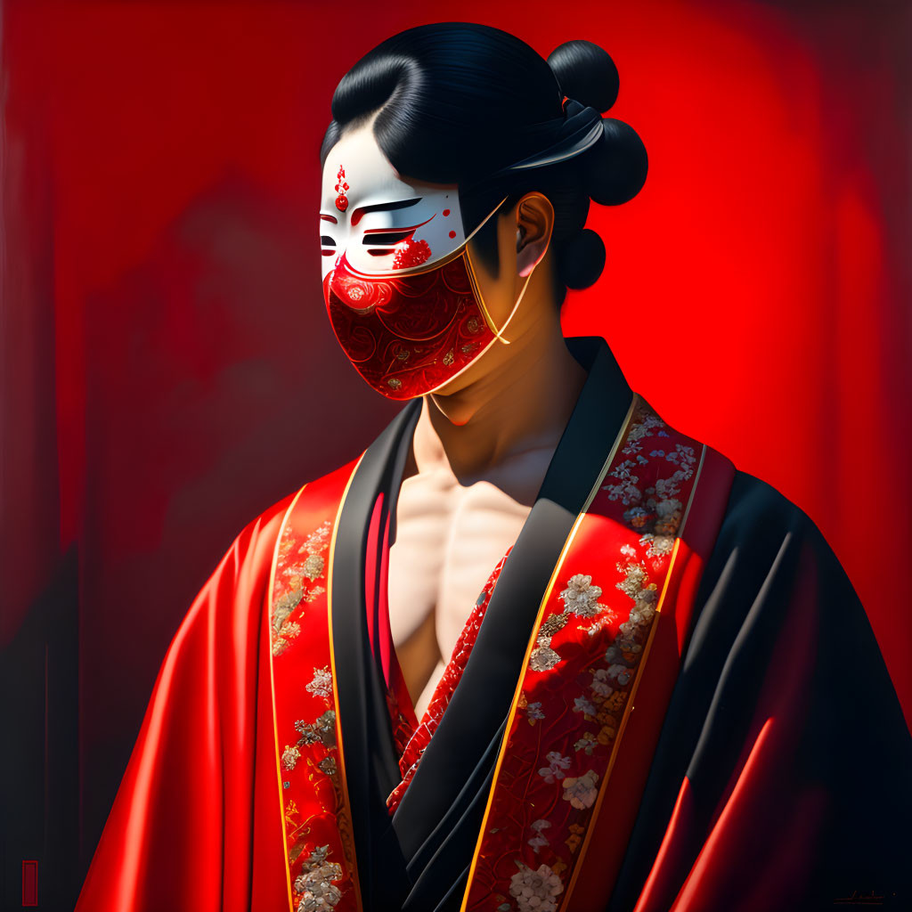 Person in Red Kimono with Floral Patterns and Decorative Mask on Red Background