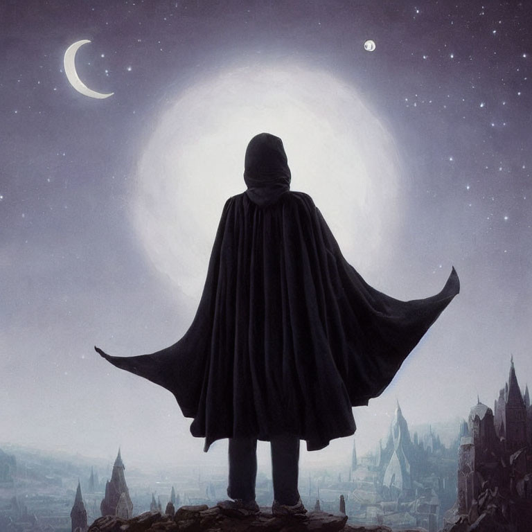 Cloaked Figure Overlooking City at Night with Two Moons