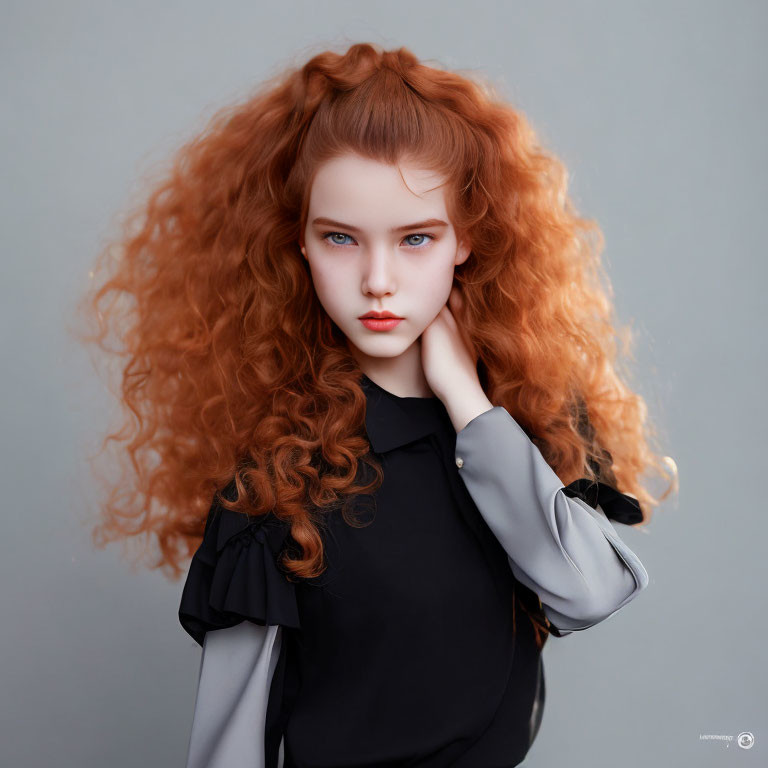 Portrait of person with voluminous red curly hair and blue eyes in black blouse