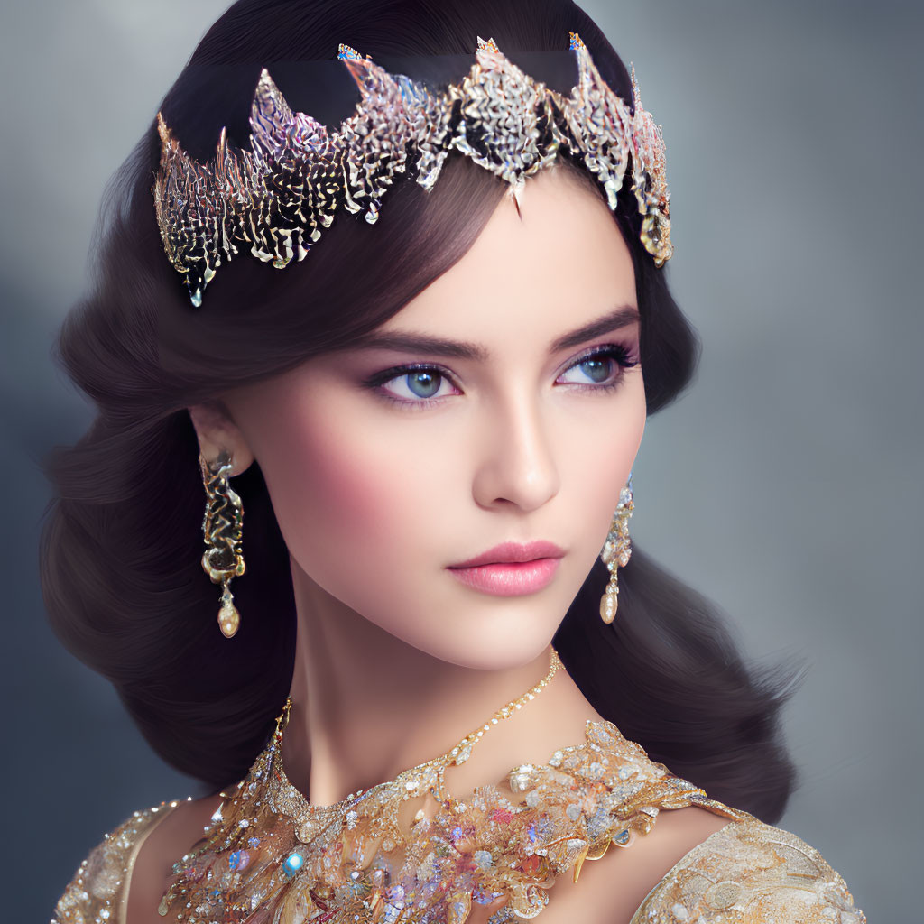 Woman in Decorative Tiara and Embellished Dress on Grey Background